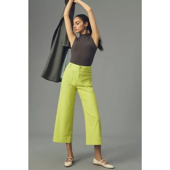 NWD Anthropologie Maeve The Colette Wide Leg Crop Pants Size 31 CHARTREUSE - Picture 1 of 13